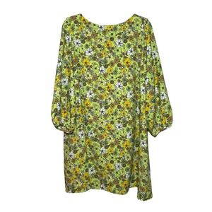 ModCloth 2X Retro Floral Print Long Sleeve Shift Dress Green Yellow Brown